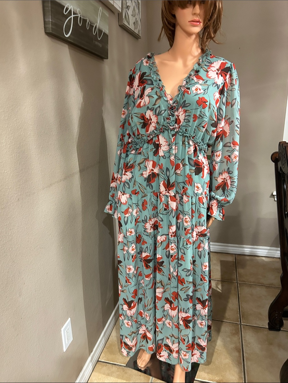 Floral Ruffle V-Neck Maxi Dress - Sage Green